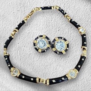 Vintage  IVANA TRUMP COUTURE CLEAR STONE BLACK ENAMEL Necklace and Earring set
